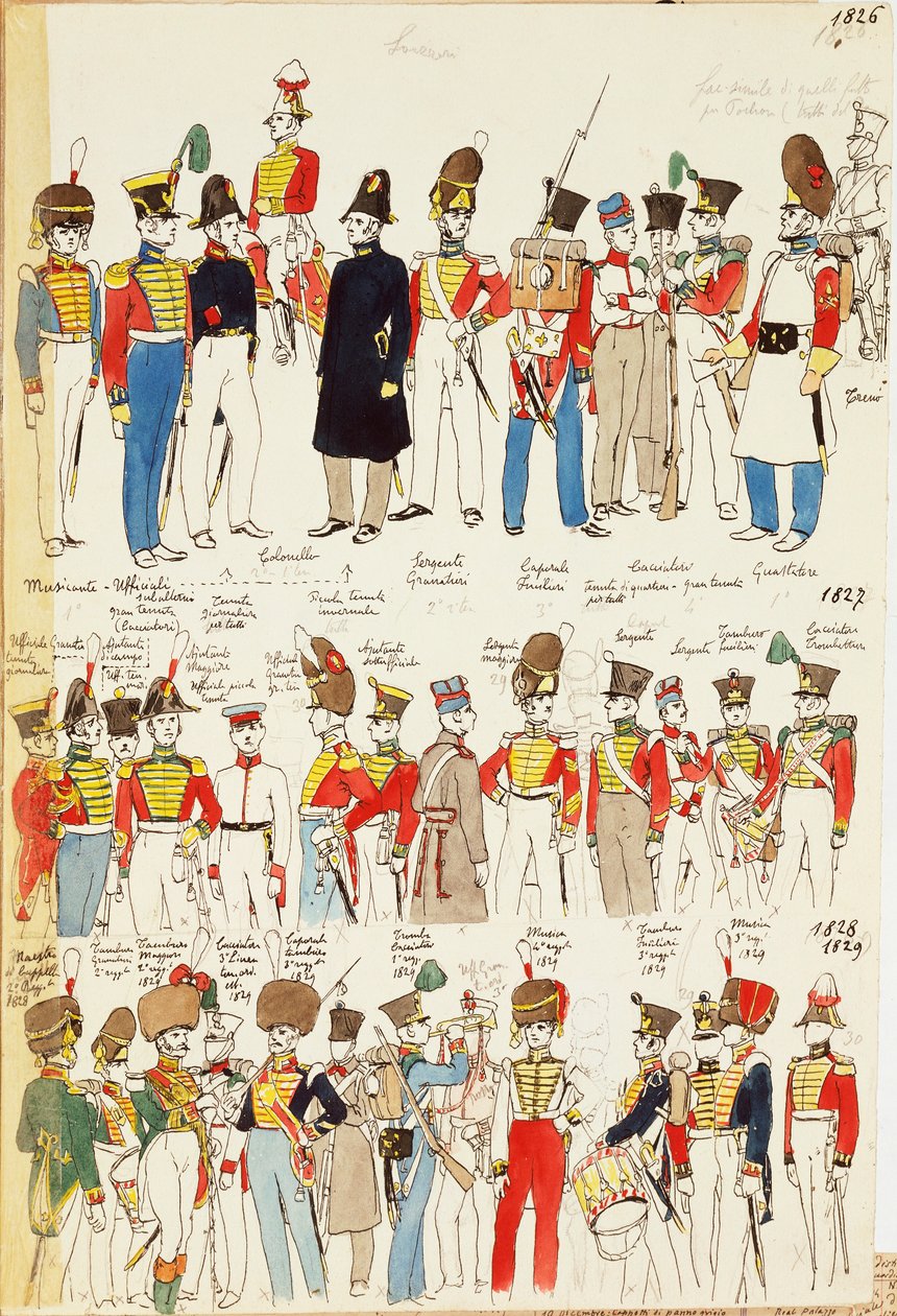 Különféle egyenruhák, 1826-tól 1829-ig. Színes tábla: Cenni Quinto alkotó: Quinto Cenni