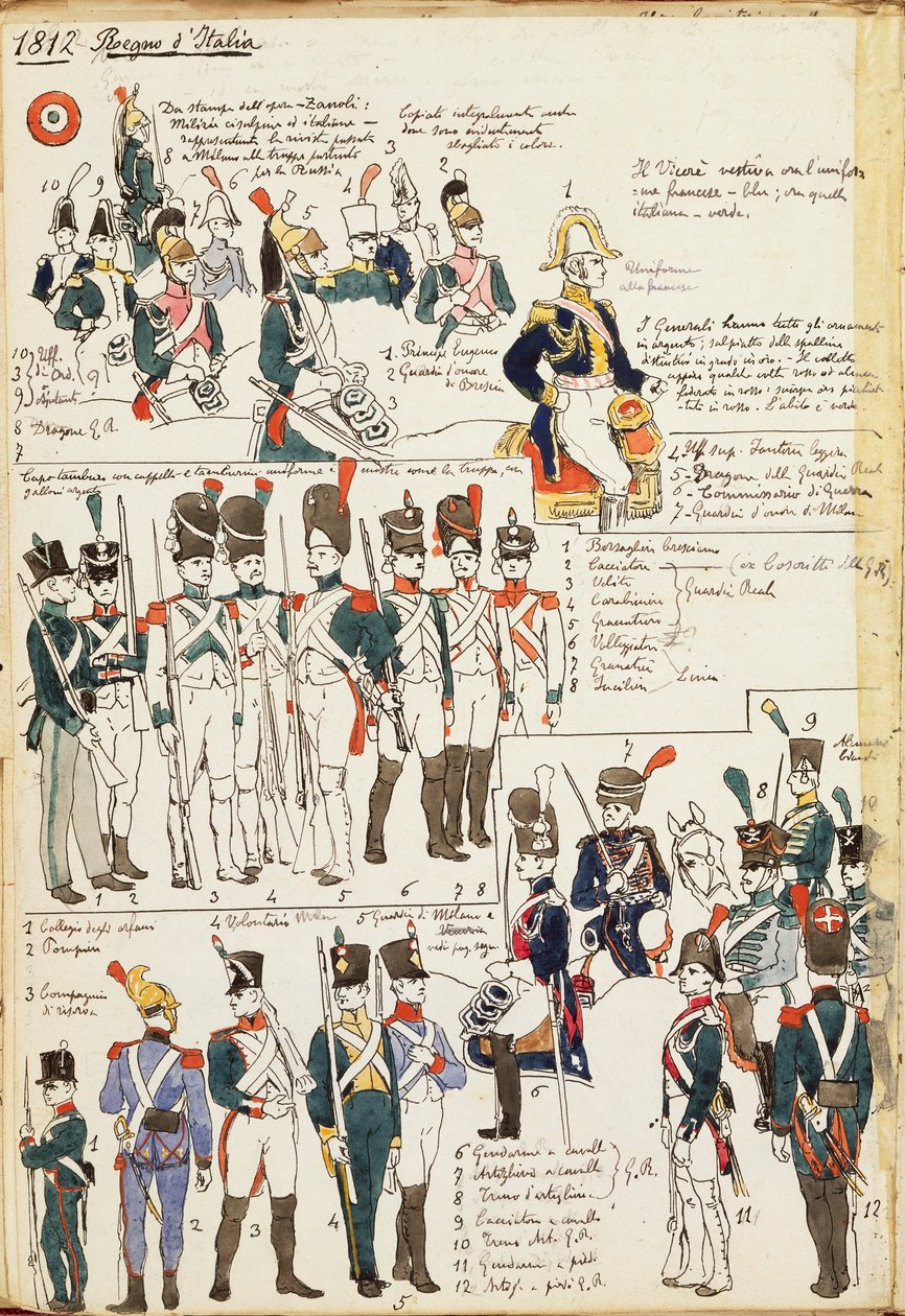 Az Olasz Királyság különböző egyenruhái 1807-ből. Cenni Quinto színtáblája alkotó: Quinto Cenni