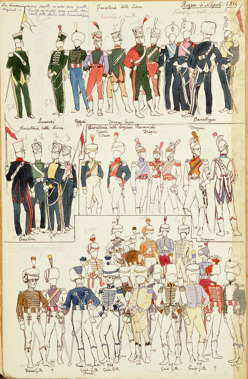 A Nápolyi Királyság különböző egyenruhái 1814-ből. Cenni Quinto színtáblája alkotó: Quinto Cenni