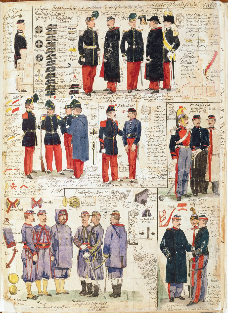 A pápai államok különböző egyenruhái 1865-ből. Cenni Quinto színtáblája alkotó: Quinto Cenni