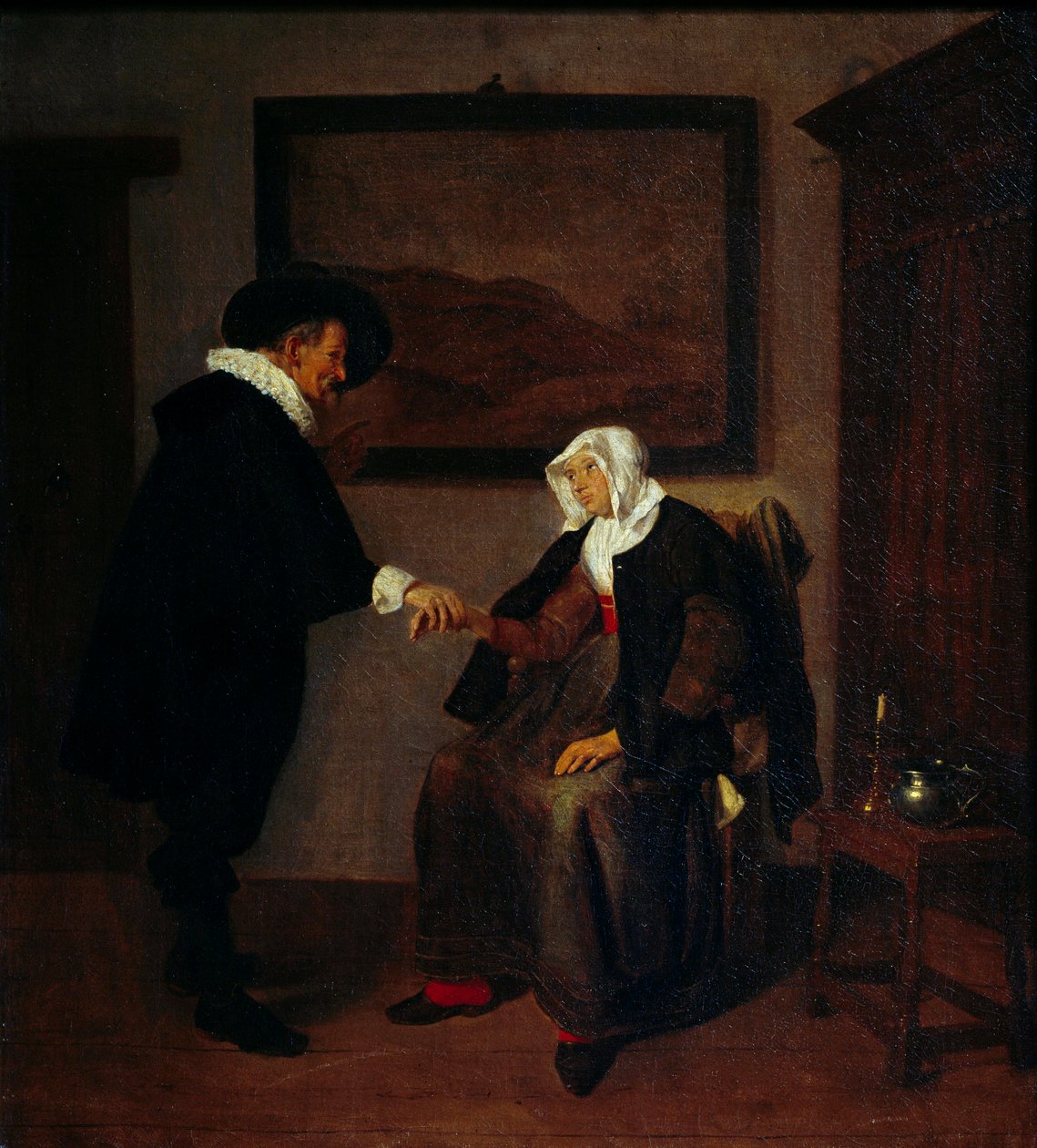 Quiringh Gerritsz Van Brekelenkam (kb. 1620-1668) konzultációs festménye. Nap 0,57x0,52 m alkotó: Quiringh Gerritsz. van Brekelenkam