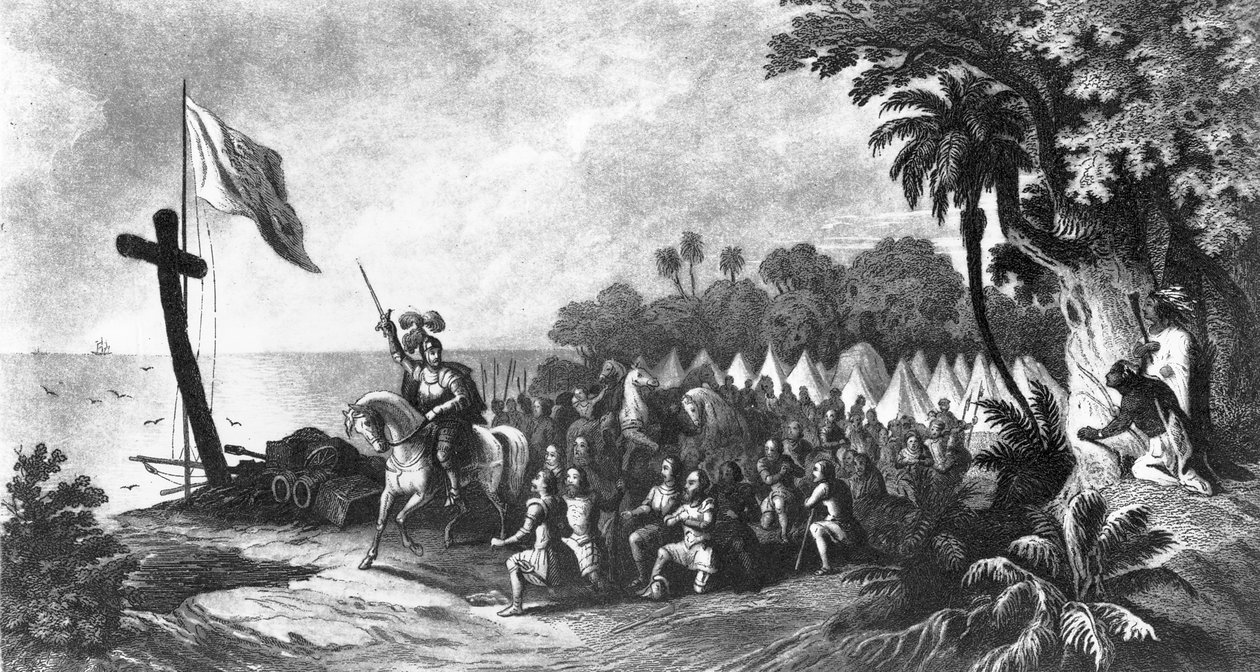 A partraszállás Tampa-öbölben: De Soto és követői a hódításra vagy a halálra esküdtek, John Sartain metszetével (mezzotinta) alkotó: R. Telfer