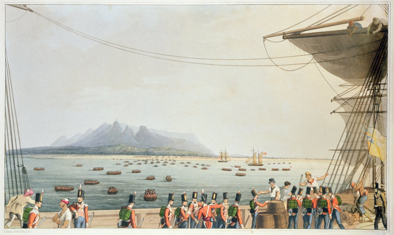 Kilátás az Upton Castle fedélzetéről, a brit hadsereg partraszállásáról, 1810. november 29-én a „Tizenhat nézetből a Perzsa-öböl helyeiről, az 1809-10-es években készült, illusztrálva a Pr. alkotó: R. Temple