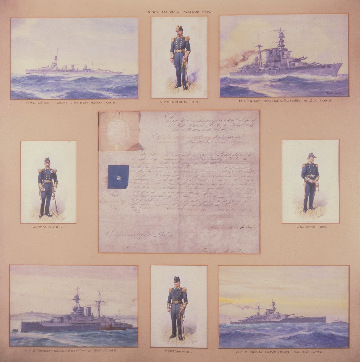 H.M.S. Cardiff, H.M.S. Hood, H.M.S. Erzsébet királynő, H.M.S. Királyi uralkodó és haditengerészeti egyenruhás tisztek alkotó: R. and Smith Simkin
