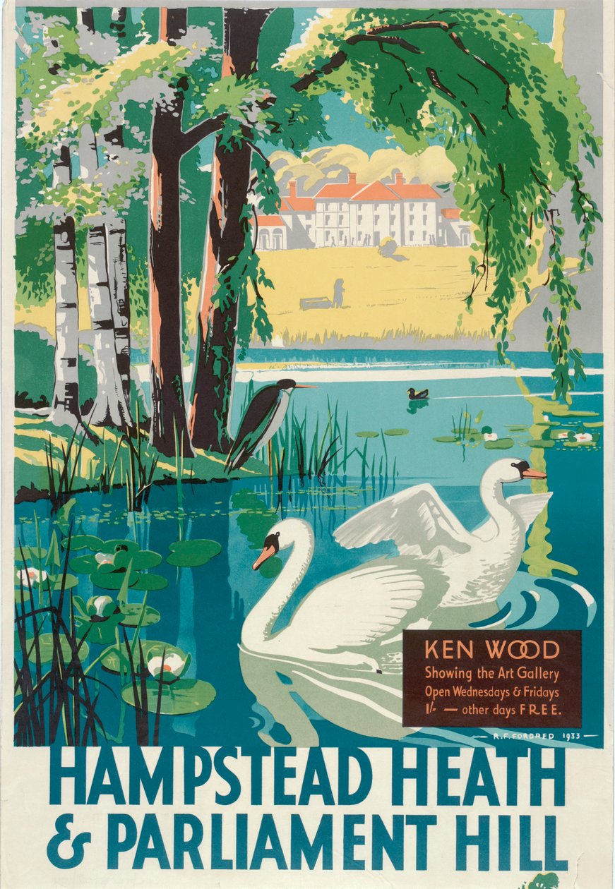 „Hampstead Heath and Parliament Hill”, London County Council LCC Tramways plakátja, 1933 alkotó: RF Fordred