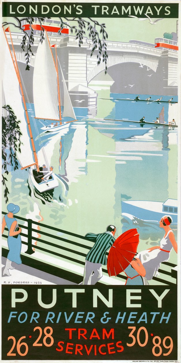 „Putney, for River and Heath”, London County Council LCC Tramways plakátja, 1932 alkotó: RF Fordred