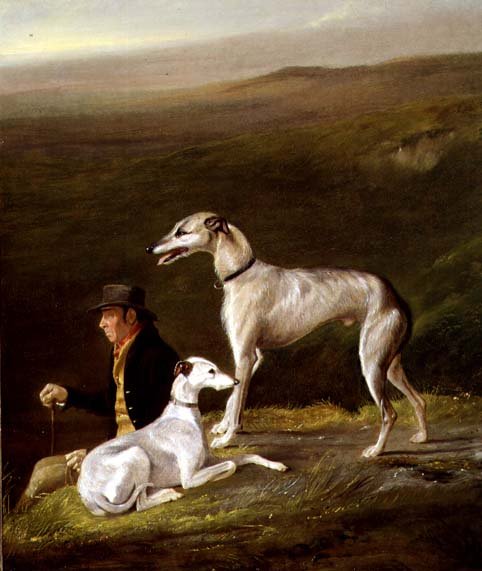 Old Sandy, Alexander Graham kiképzője, két agárral egy hegyvidéki tájban (olaj, vászon) alkotó: R.G. Brown
