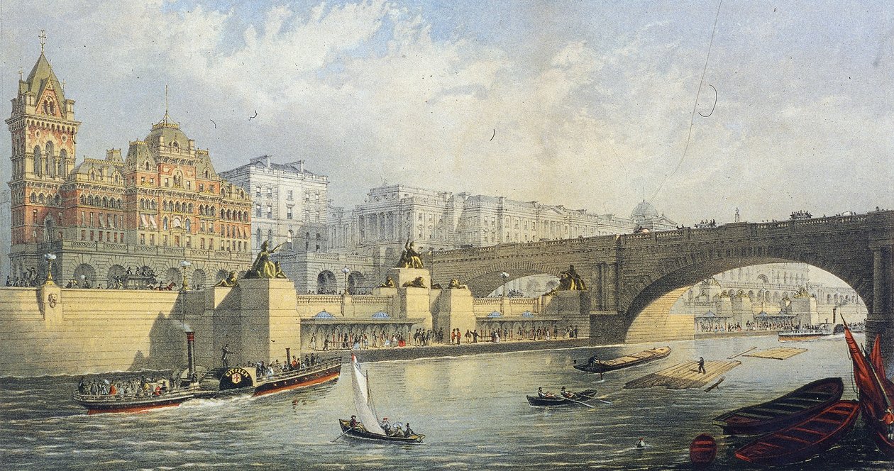 „Thames Embankment – Steam Boat Landing Pier at Waterloo”, London, 1864 alkotó: RM Bryson