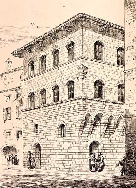 14. századi ház, Firenze, Olaszország, a "Példák Itália és Franciaország városi, kereskedelmi és utcai építészetére a 12. századtól a 15. századig" című kötetből, kiadó: W. Mackenzie. alkotó: R. (after) Anderson