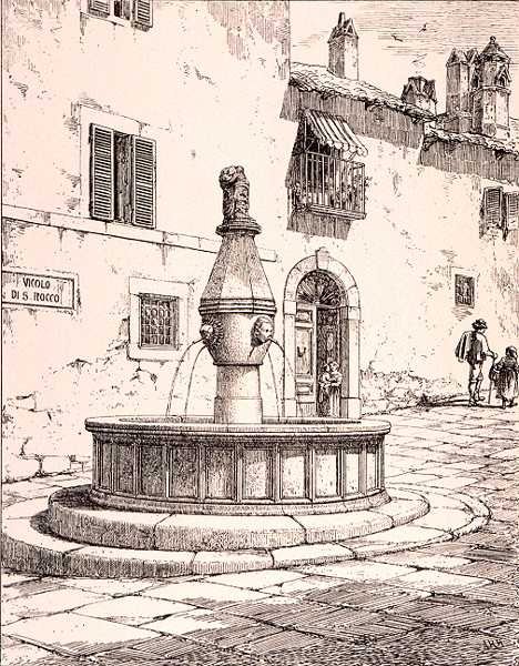 Vicolo di S. Rocco szökőkútja, Viterbo, Olaszország, a „Példák Franciaország és Olaszország városi, kereskedelmi és utcai építészetére a 12. és 15. század között”, publ. írta W.Mackenzie alkotó: R. (after) Anderson