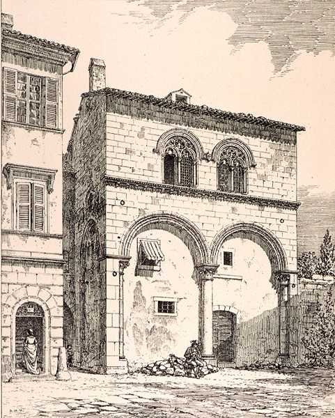Ház a Piazza del Duomo-ban, Viterbo, Olaszország, a „Példák Franciaország és Olaszország városi, kereskedelmi és utcai építészetére a 12. századtól a 15. századig”, publ. írta W.Mackenzie alkotó: R. (after) Anderson