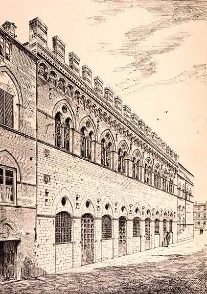 Palazzo Grotanelli, a "Példák Franciaország és Itália városi, kereskedelmi és utcai építészetére a 12. századtól a 15. századig" című kötetből, kiadta W. Mackenzie. alkotó: R. (after) Anderson