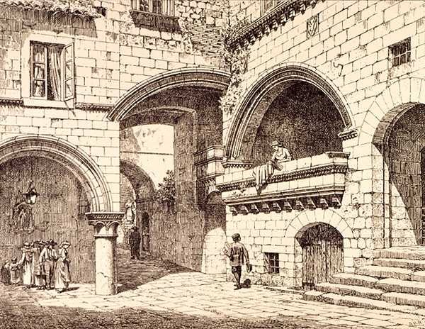 A Piazza San Pellegrino, Viterbo, Olaszország része, a „Példák a városi, kereskedelmi és utcai építészetre Franciaországban és Olaszországban a 12. századtól a 15. századig, publ. írta W.Mackenzie alkotó: R. (after) Anderson