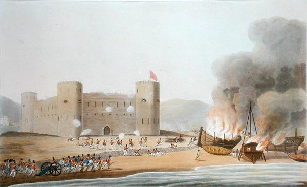A Luft erőd elleni támadás, 1809. november 27., „Tizenhat nézet a Perzsa-öböl helyeiről, az 1809-1810-es években készült, a Bombayből küldött expedíción alkalmazott erők eljárásának szemléltetése”, vésett: I. Clark, megjelent 1 alkotó: R. (after) Temple