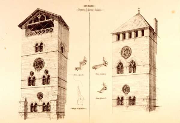 Bárói rezidenciák töredékei, Cahors, Franciaország, „Példák Franciaország és Olaszország városi, kereskedelmi és utcai építészetére a 12. századtól a 15. századig”, publ. írta W.Mackenzie alkotó: R. Anderson