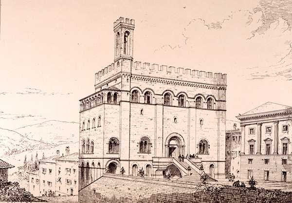 Palazzo del Comune, Gubbio, Olaszország, a "Példák a városi, kereskedelmi és utcai építészetre Franciaországban és Olaszországban a 12. századtól a 15. századig" publikáció. írta W.Mackenzie alkotó: R. Anderson