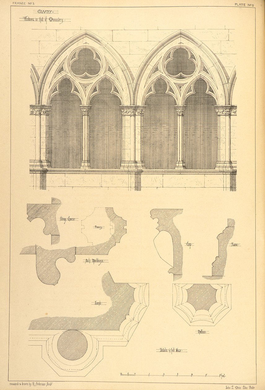 Ablakok a cluny-i kolostor termében, „Példák Franciaország és Olaszország városi, kereskedelmi és utcai építészetére a 12. és 15. század között”, 1841 alkotó: R. Anderson