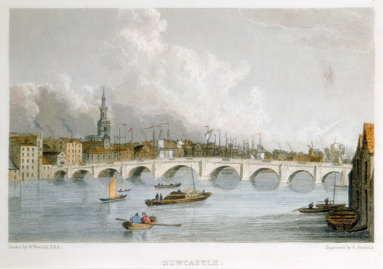 Kőíves híd a Tyne-on Newcastle-upon-Tyne-ben, Angliában, 1830. alkotó: R Francis