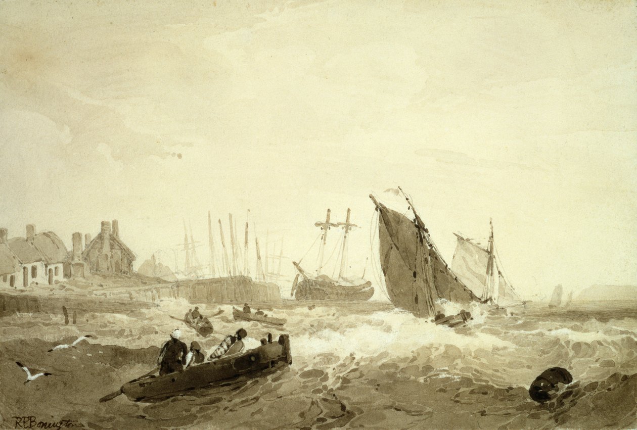 St-Valery-Sur-Somme hajózása, 1821 körül (barna mosás a grafiton) alkotó: R. P. Bonnington
