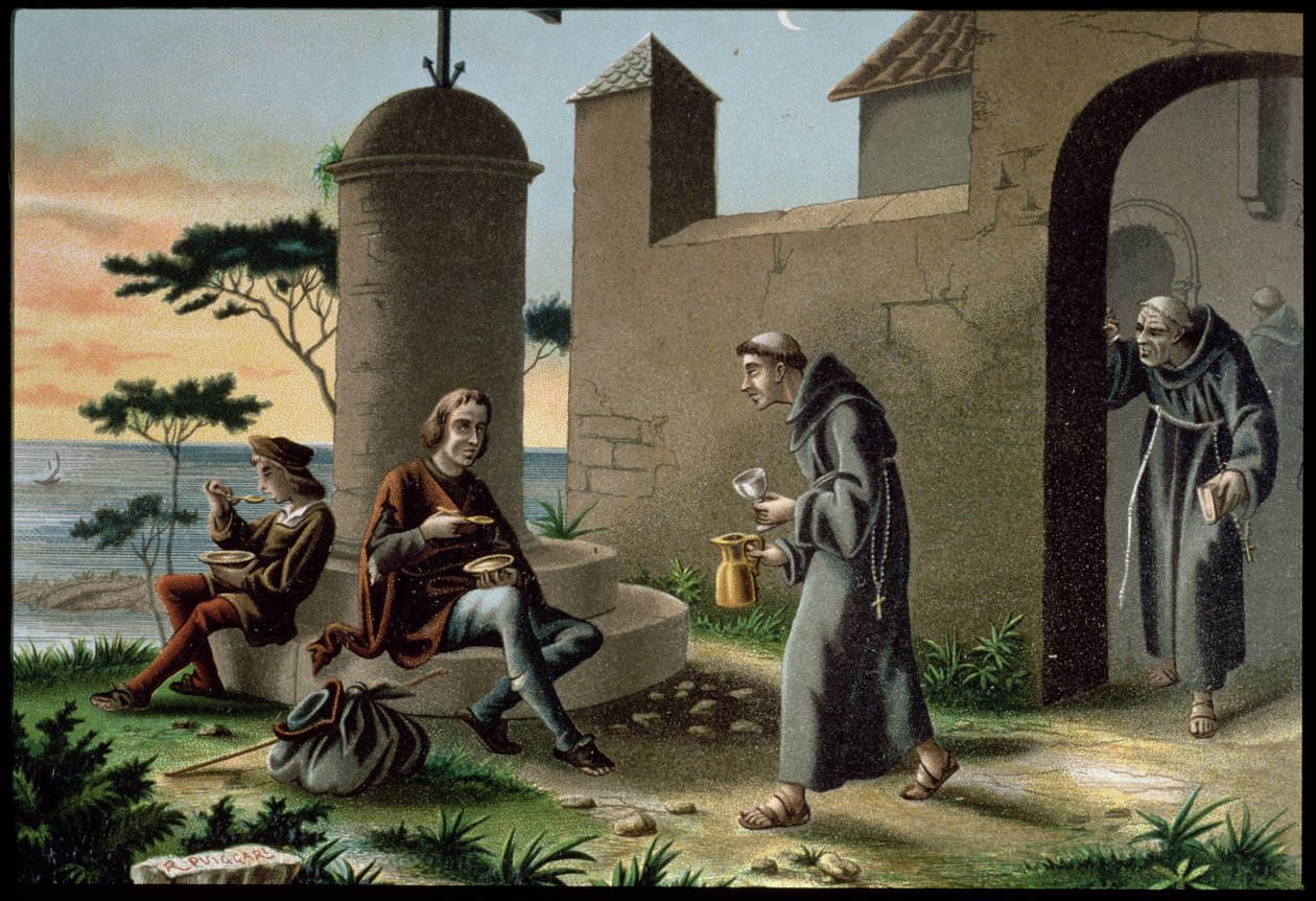 Kolumbusz Kristóf (1451-1506) fiával érkezése a la Rabidai kolostorba, Az Amerika felfedezése című filmből, amely 1878-ban jelent meg Barcelonában (színes litó) alkotó: R. Puiggari