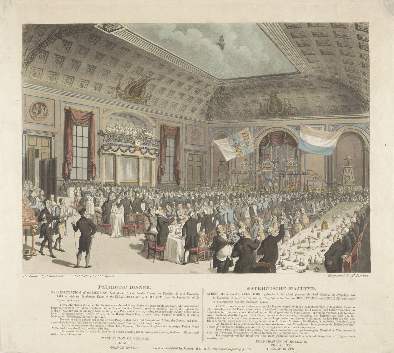 Hazafias étkezés Londonban, 1813 Hazafias vacsora. A City of London Tavernben, 1813. december 14-én, kedden tartott találkozó bemutatása (...) / Patriotische Mealtyd. A City L nevű szállodában tartott Találkozó képe alkotó: R. Reeves