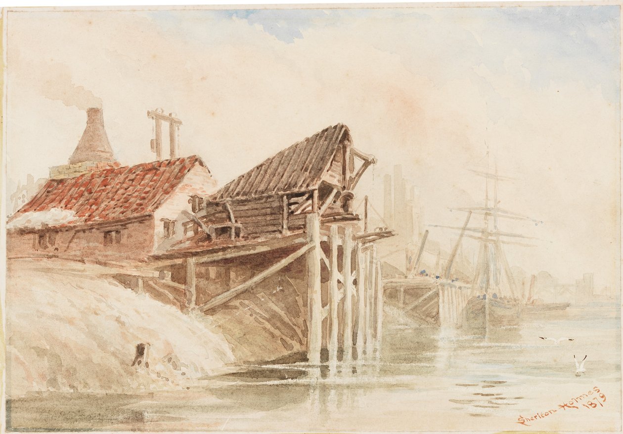 Régi szénszállító Staithes, Wallsend közelében (ceruza és wc papírra ragasztva, kártyára ragasztva) alkotó: R. Sheriton Holmes