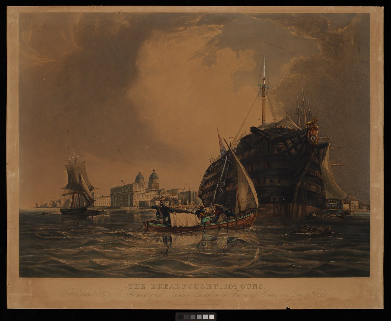 A Dreadnought 104 ágyúval, minden nemzetek tengerészeinek kórházhajója, a Temzén Greenwich előtt horgonyozva, 1831. június 20. alkotó: R. W. Price