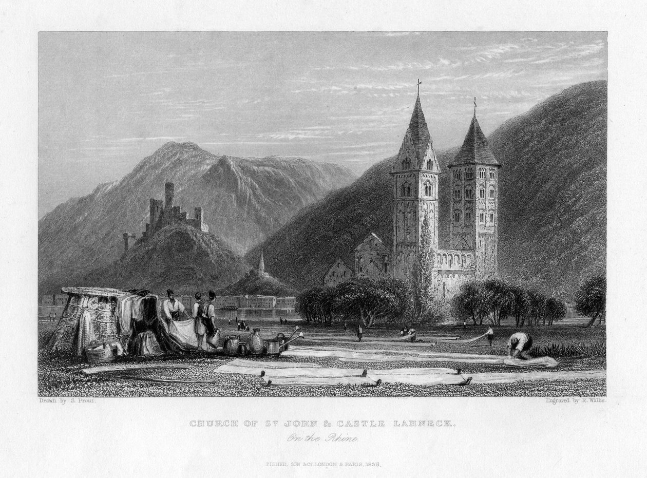 Szent János-templom és Lahneck-kastély a Rajnánál, 1838 alkotó: R. Wallis