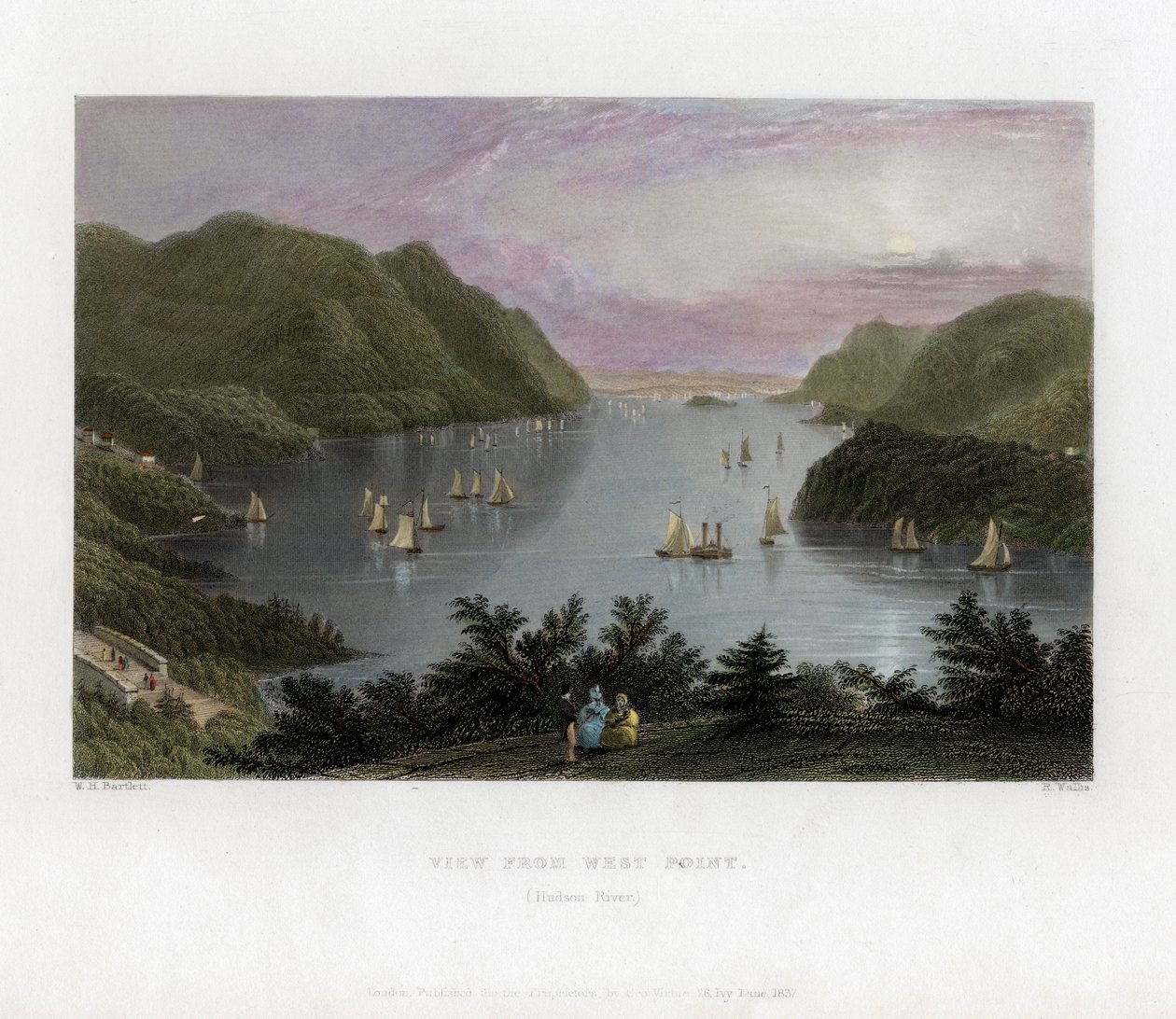 A Hudson folyó West Pointból (USA, 1837) nézve. alkotó: R. Wallis
