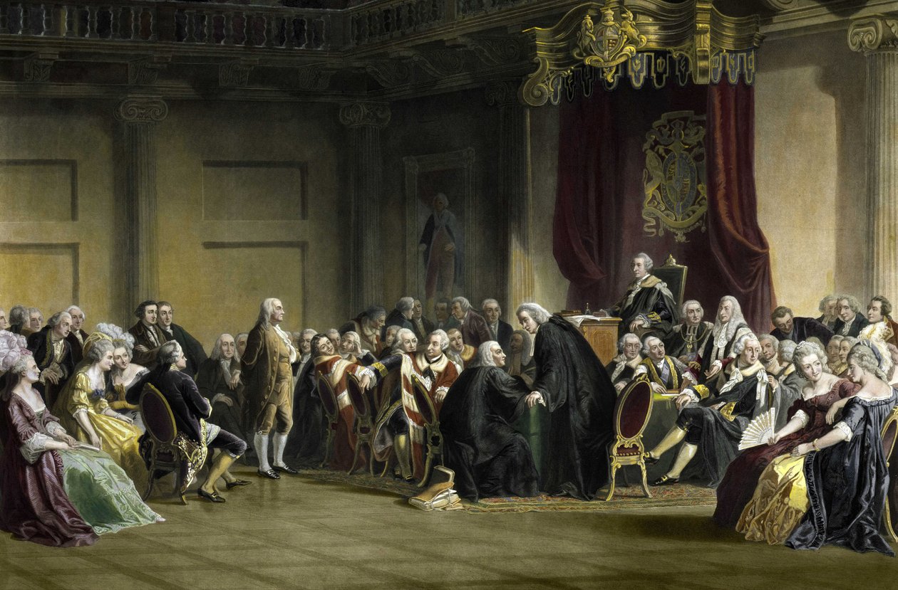 Benjamin Franklin (1706-1790), amerikai filozófus, fizikus és államférfi a Lords of the Privy Council, Whitehall Chapel, London előtt. alkotó: R. Whitechurch