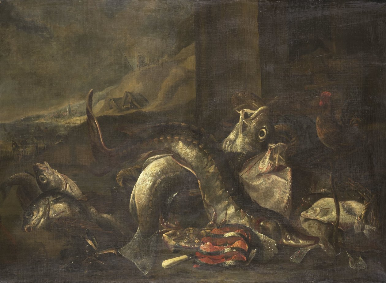 Csendélet halakkal alkotó: R. van Burgh