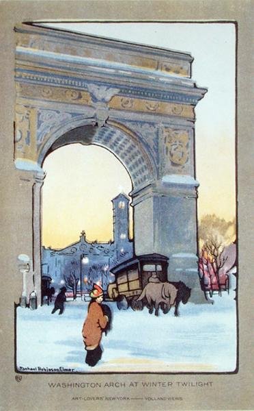 Washington Square Arch at Winter Twilight, képeslap, 1914 körül (színes litó) alkotó: Rachael Robinson (after) Elmer