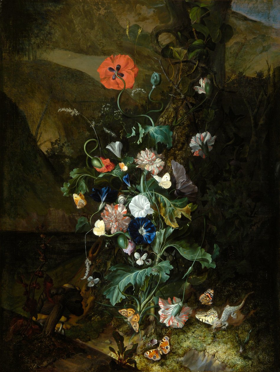 Virágok elrendezése egy fatörzs mellett, 1683 körül (olaj, vászon) alkotó: Rachel Ruysch