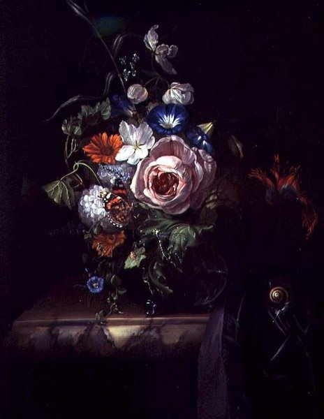 Rózsák és más virágok üvegtálban (olaj, vászon) alkotó: Rachel Ruysch