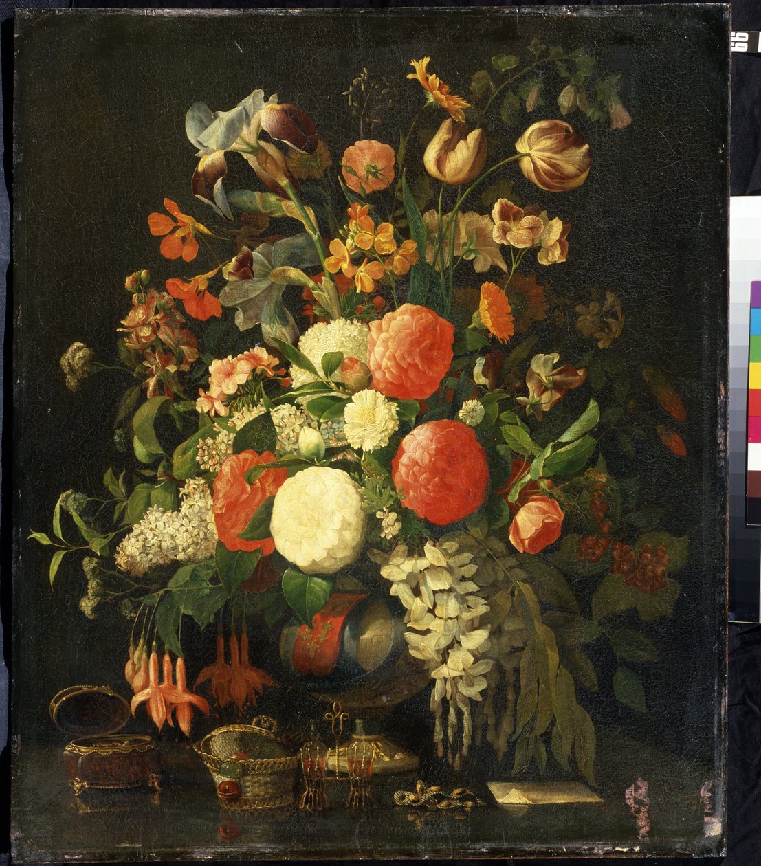 ""Csokor virág"" (Virágok) Az asztalon ékszerdobozok. Rachel Ruysch (1664-1750) festménye 18. századi Mihail Krosickij Művészeti Múzeum, Szevasztopol (Szevasztopol) Ukrajna alkotó: Rachel Ruysh