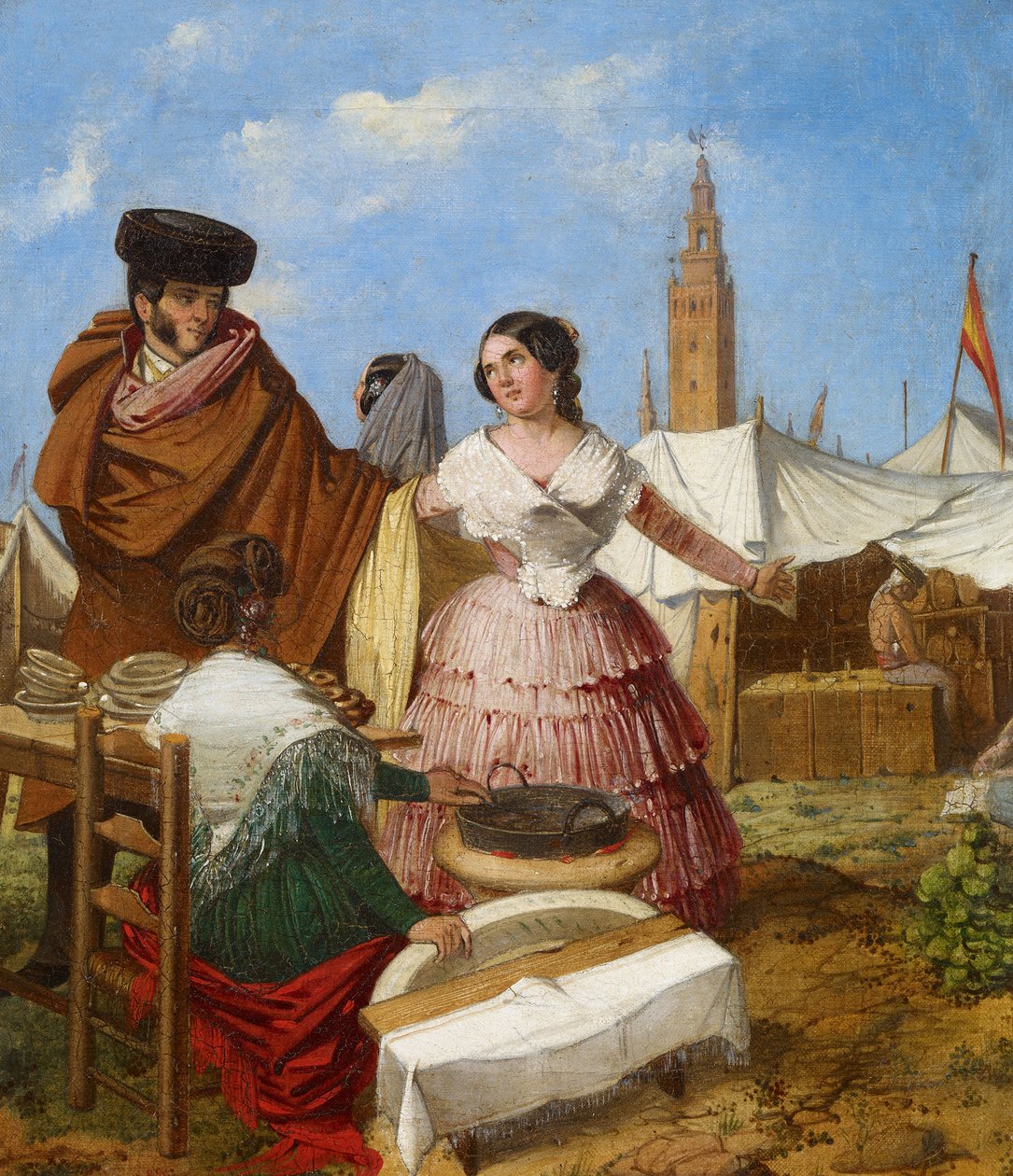 Udvarozás a sevillai vásár gyűrű alakú süteménybódéjában - Benjumea, Rafael (1825 körül - 1887 körül) - 1852 - Olaj, vászon - 35x30 - Museo Carmen Thyssen, Malaga alkotó: Rafael Benjumea