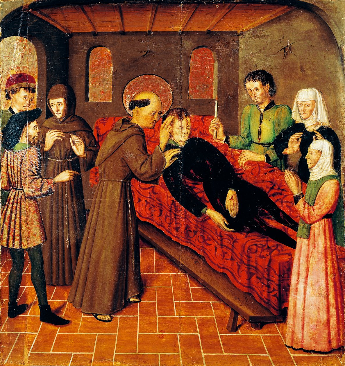 A sebeiben meghalt ember feltámadása, részlet a Szent Bernánd-oltár bal oldali paneljéről Rafael Tomas (aktív 1455-1479), Joan Figuera predella (aktív 1454-től - meghalt 1477-ben vagy 1479-ben), tempera a panelen, 398, 9x253 cm alkotó: Rafael & Figuera Joan (active c.1454 1477) Tomas