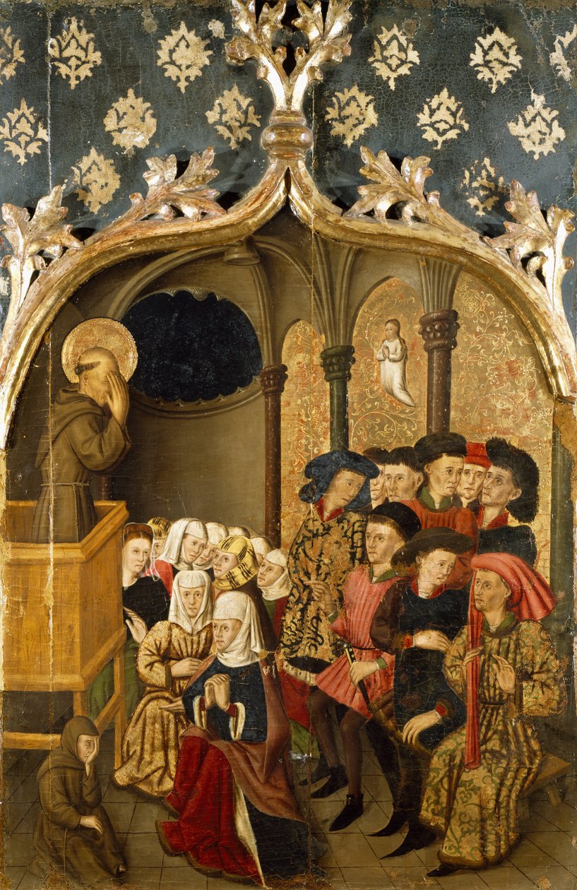 Látás prédikáció közben, részlet a Szent Bernánd-oltár bal oldali paneljéről Rafael Tomas (aktív 1455-1479), predella Joan Figuera (aktív 1454-től - meghalt 1477 vagy 1479), tempera a panelen, 398, 9x253 cm alkotó: Rafael & Figuera Joan (active c.1454-1477) Tomas