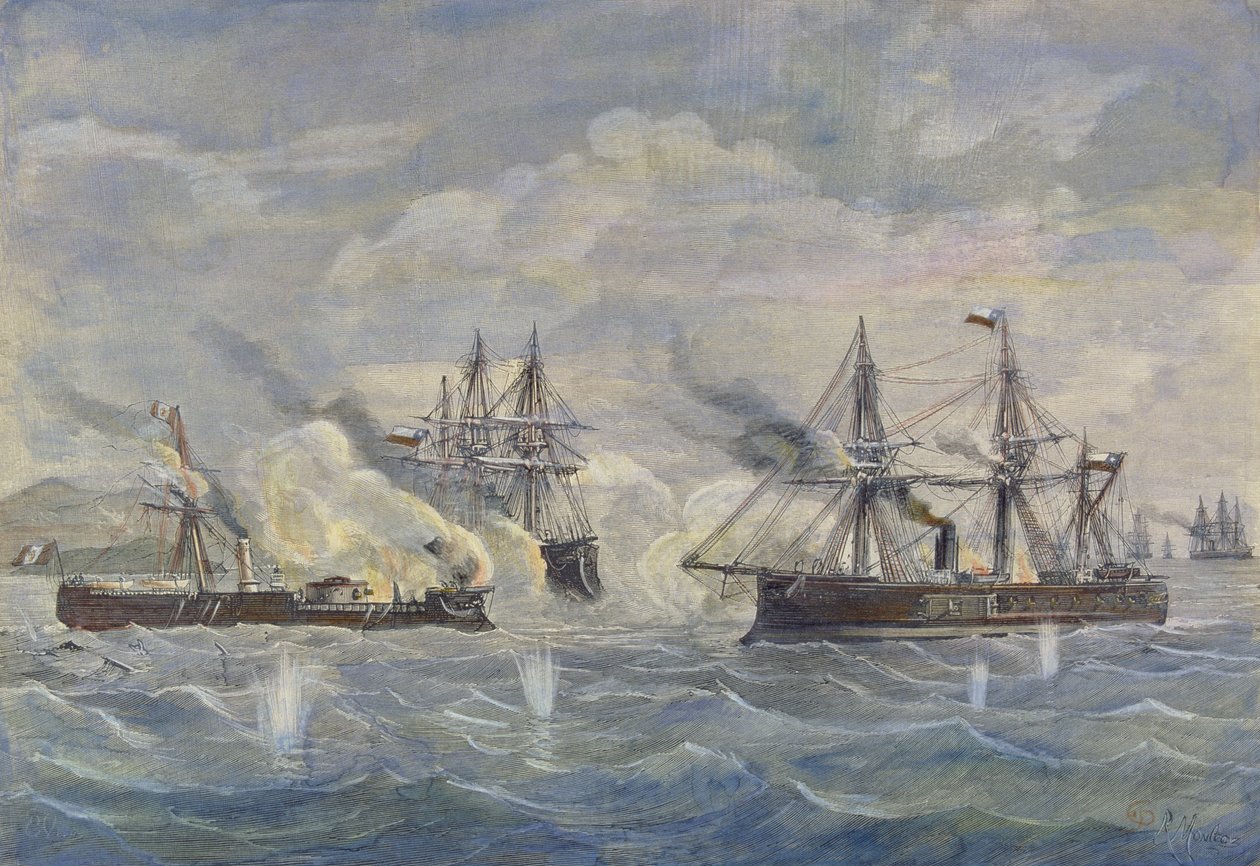 Tengerészeti harc a „Huascar” perui hajó között a chilei „Blanco Encalada” és a „Cochrane” ellen 1879-ben alkotó: Rafael Monleon y Torres