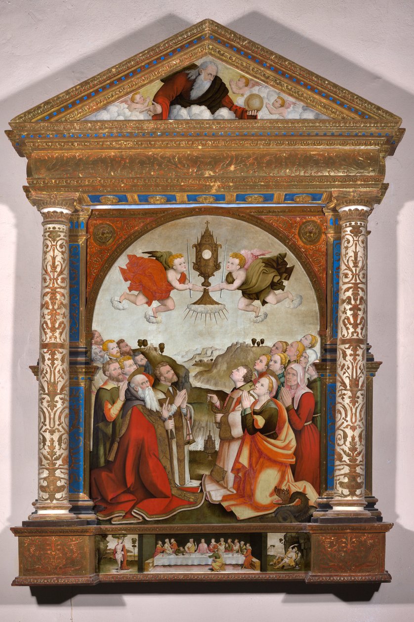 Oltárkép a Szentségimádásról, a predellán: Szent Sebestyén és Szent Rókus. alkotó: Raffaele De (fl.1514 1573) Pancalino