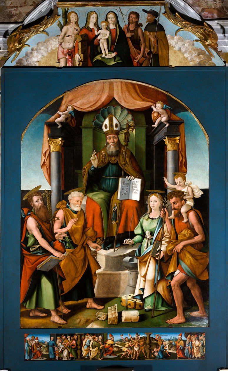 Szent Blaise trónol Szent Péter, Szent Pál, Alexandriai Katalin és Kristóf között, központi oltárkép alkotó: Raffaele De (fl.1514 1573) Pancalino