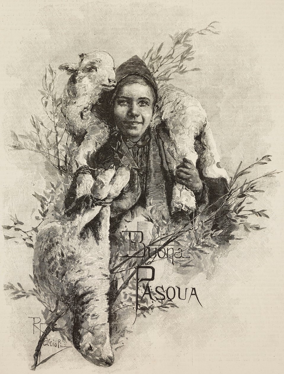 Kellemes Húsvéti Ünnepeket, fiatalember bárányhússal a vállán, metszet Raffaele Faccioli (1836-1914) festményéből, L