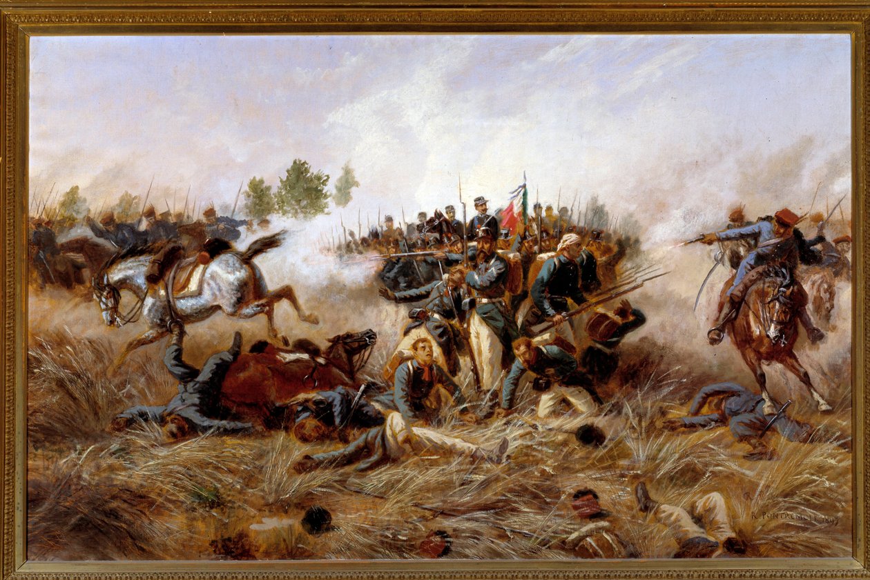 Risorgimento, Osztrák-Porosz háború (harmadik olasz függetlenségi háború): a custozai csata (Custozza) látképe 1866.06.24. - (Harmadik olasz függetlenségi háború, custozai csata 1866. június 24-én) Raffaele Pontremoli festménye (1832) -1905) 1897 Mérete 13 alkotó: Raffaele Pontremoli