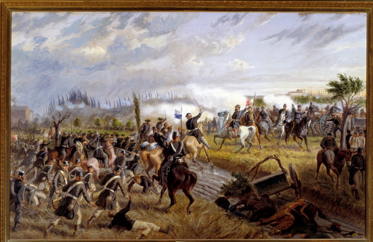 Risorgimento: "" A San Martino-i csata"" A solferinói csata epizódja, 1859. június 24. (1859. június 24-i San Martinói csata kép) Raffaele Pontremoli (1832-1905) festménye 1897 Dim 6 cm 1367 , Pinacoteca Civica alkotó: Raffaele Pontremoli