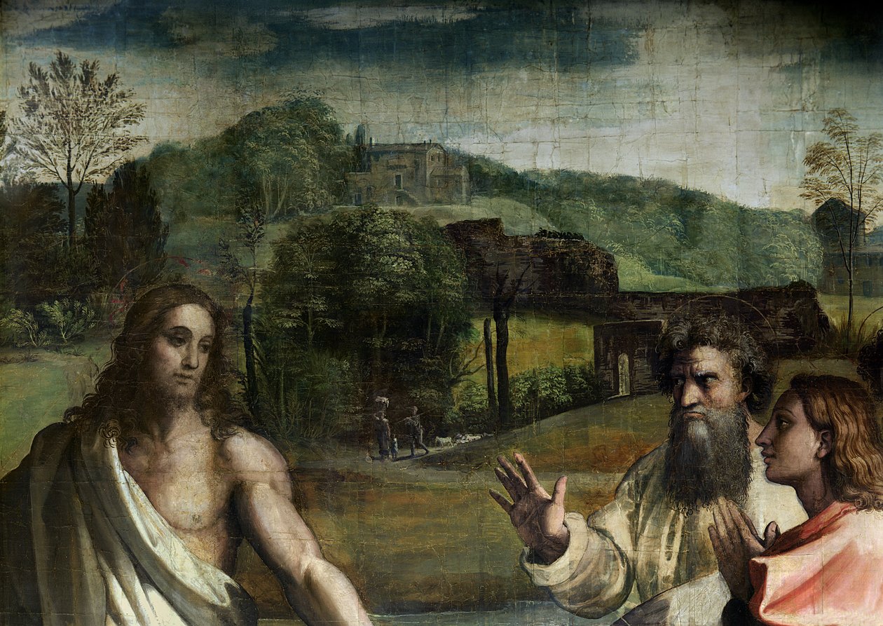 Krisztus vádja Szent Péternek (rajzfilm a Sixtus-kápolnához) (restaurálás előtt) (33707. részlet) alkotó: Raffaello Sanzio Raphael