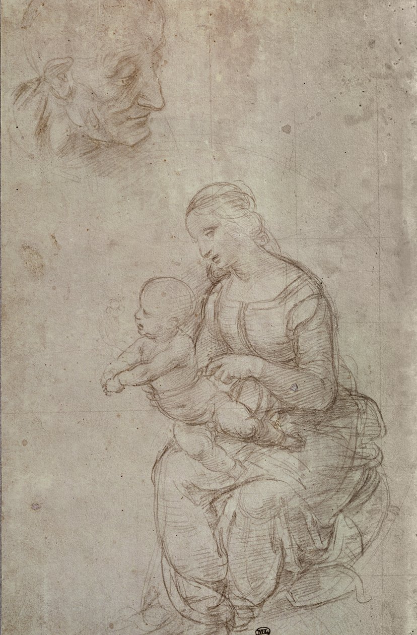 Madonna és a gyermek és egy öregember feje (fémhegy előkészített halvány rózsaszín papíron) alkotó: Raffaello Sanzio Raphael