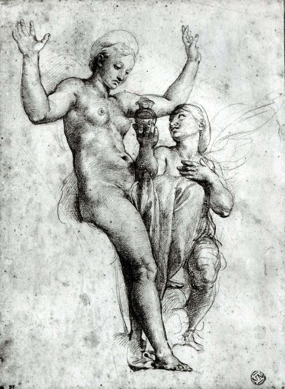 Psyche bemutatja a Vénuszt vízzel a Styxből, 1517 (piros kréta papíron) alkotó: Raffaello Sanzio Raphael