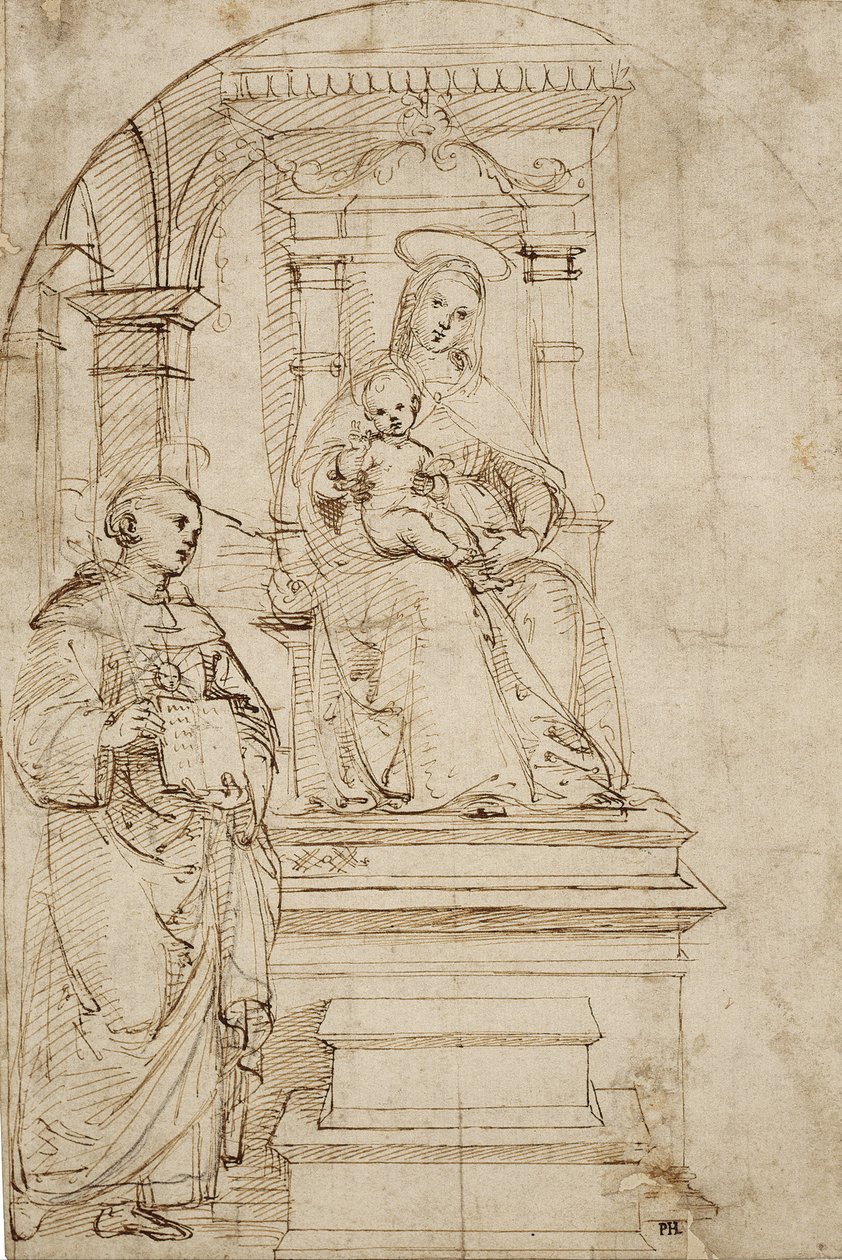 Vázlat a trónon ülő Szűz és gyermek számára Tolentino Szent Miklóssal alkotó: Raffaello Sanzio Raphael