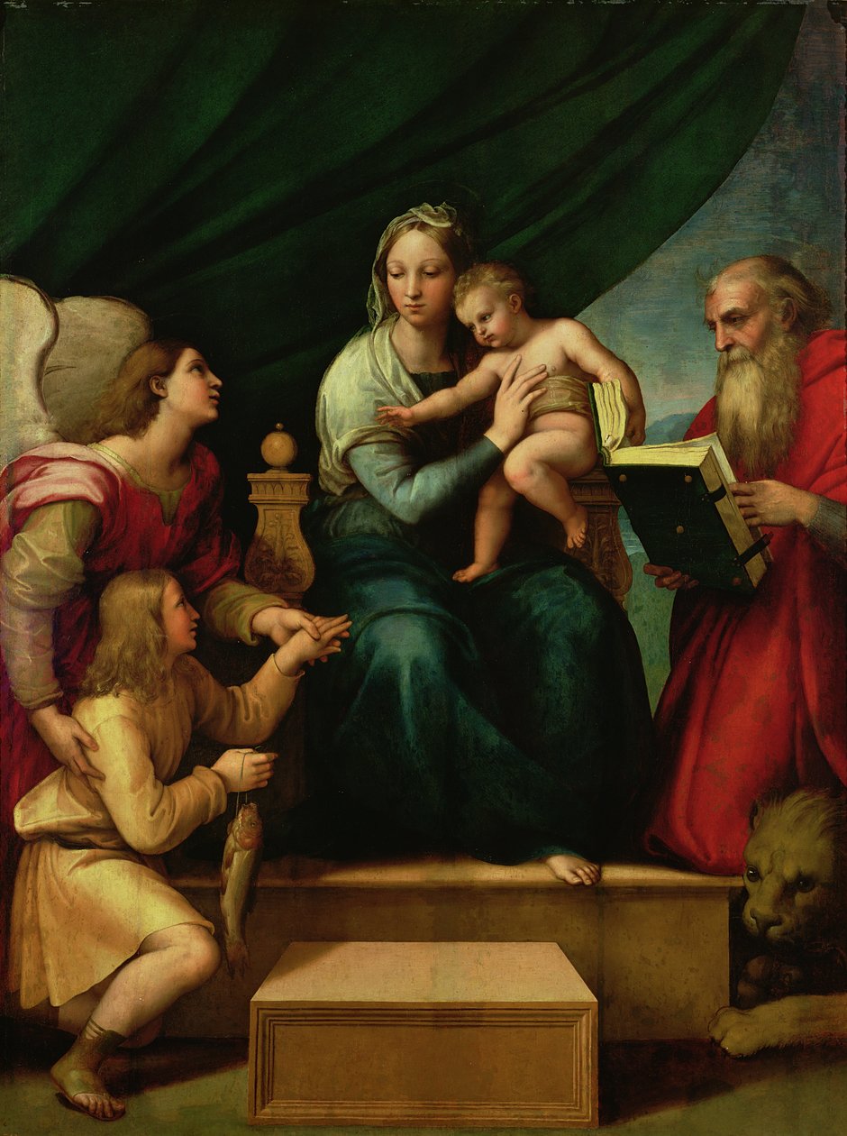 A hal Madonnája (The Madonna Gábriel arkangyallal és Szent Jeromossal) 1513 körül alkotó: Raffaello Sanzio Raphael