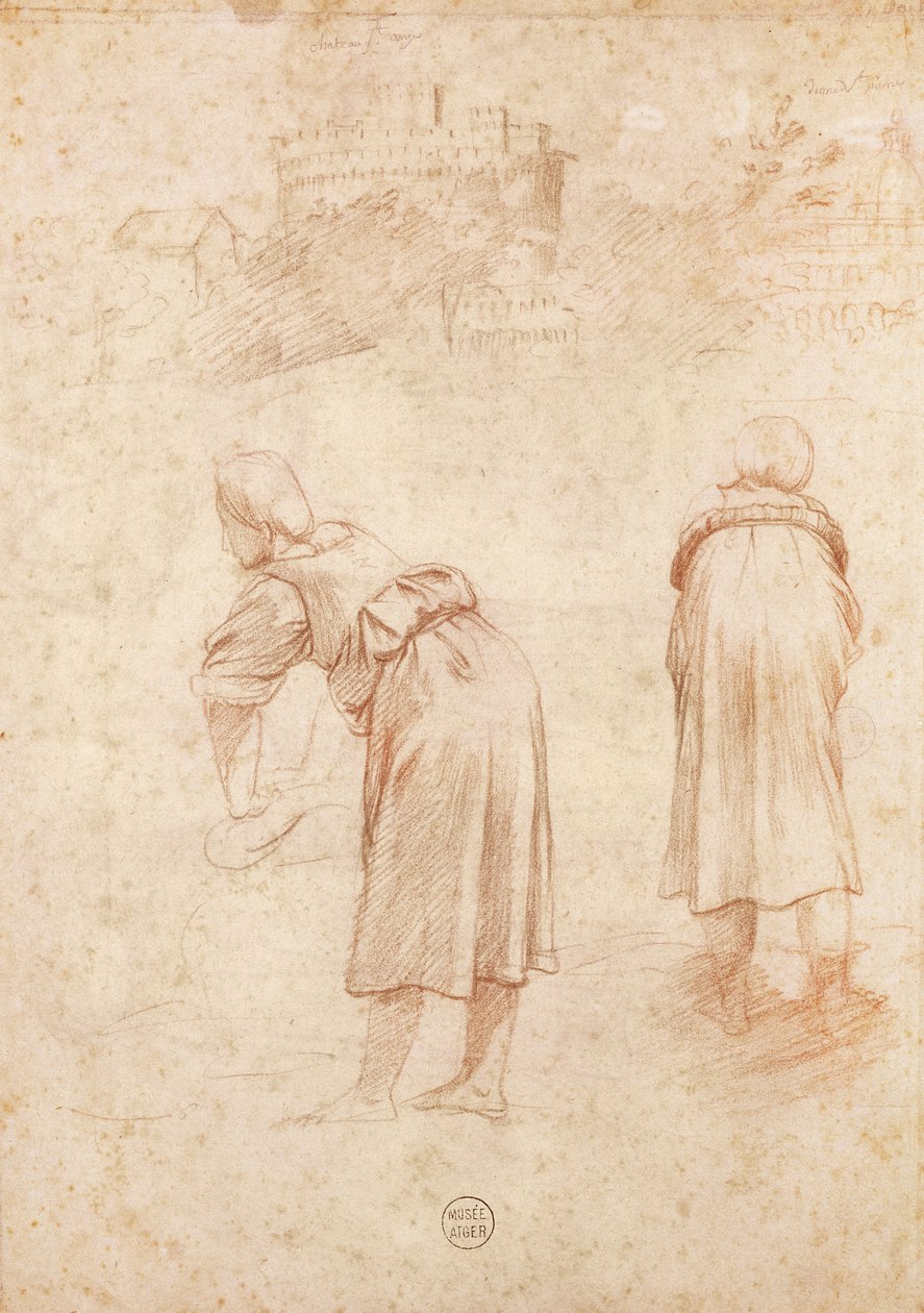 Mosók a Tiberis partján és a Saint-Ange kastély tanulmányai (piros kréta papíron) alkotó: Raffaello Sanzio Raphael